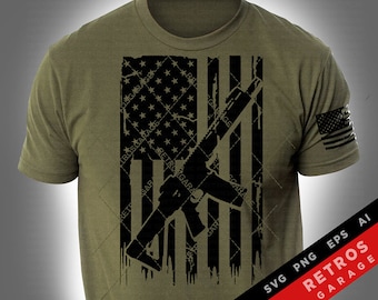 May include: A green t-shirt with a distressed black and white American flag design featuring a rifle silhouette. The text "RETR0S GARAGE" is in red and white on the bottom right corner of the shirt. The text "SVG PNG EPS AI" is in white on the bottom right corner of the shirt.