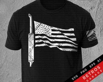 May include: A black t-shirt featuring a white graphic of an American flag waving in the wind and a spanner. The text "RETR0S GARAGE" is in white on a red banner at the bottom right corner of the image. The text "SVG PNG EPS AI" is in white on a black banner at the bottom right corner of the image.