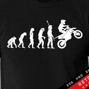 May include: A black t-shirt with a white silhouette of the evolution of man, ending with a man riding a dirt bike. The text "RETROS GARAGE" is in the bottom right corner.