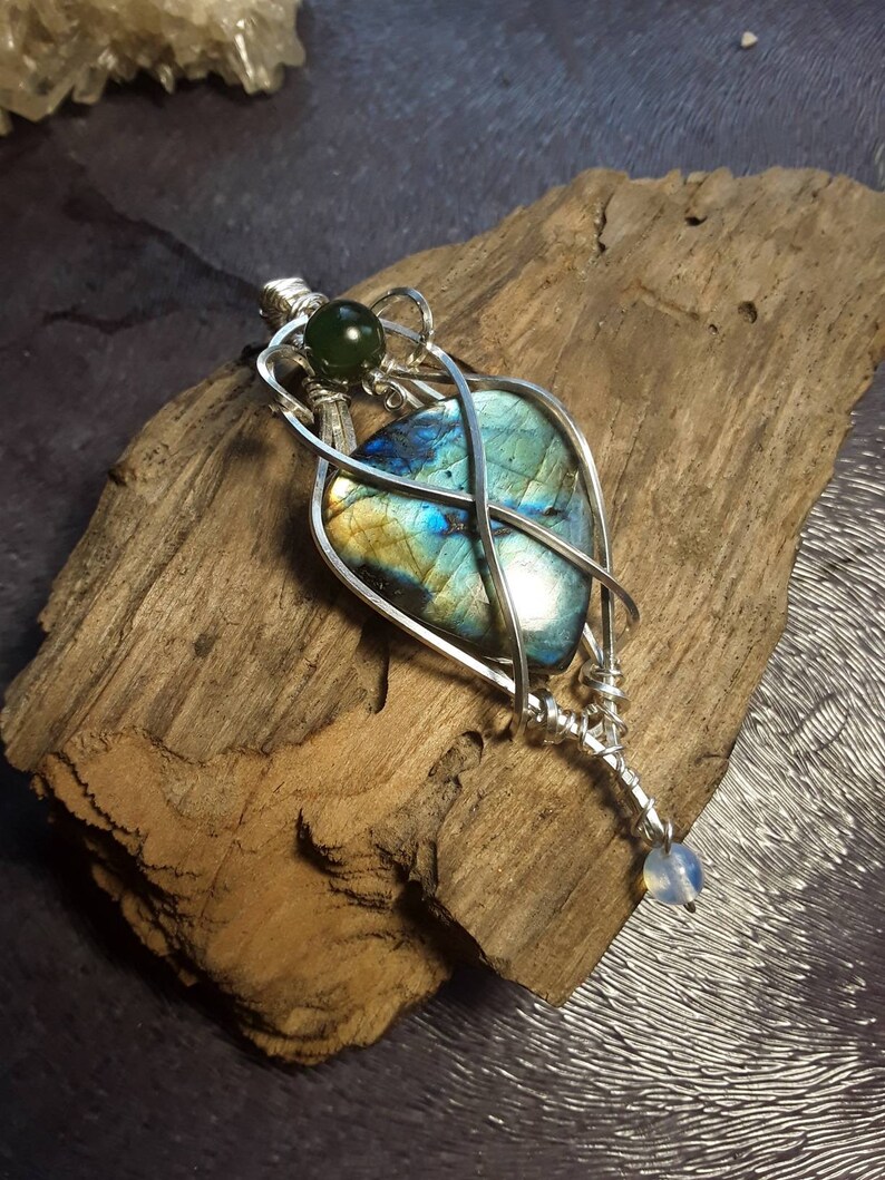 Jade Sterling Silver chain included and Opalite Psychic Protection Amulet wrapped in Sterling Silver wire with 18 in Labradorite