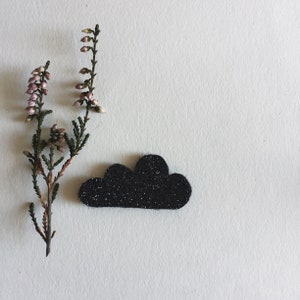 Peut inclure: Un nuage en feutre noir avec des paillettes sur un fond blanc. Une branche de bruyère rose se trouve à gauche de l'image.