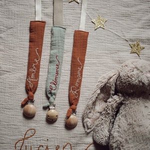 Custom hand-embroidered cotton gauze pacifier clip - made with love by Tendre Cactus