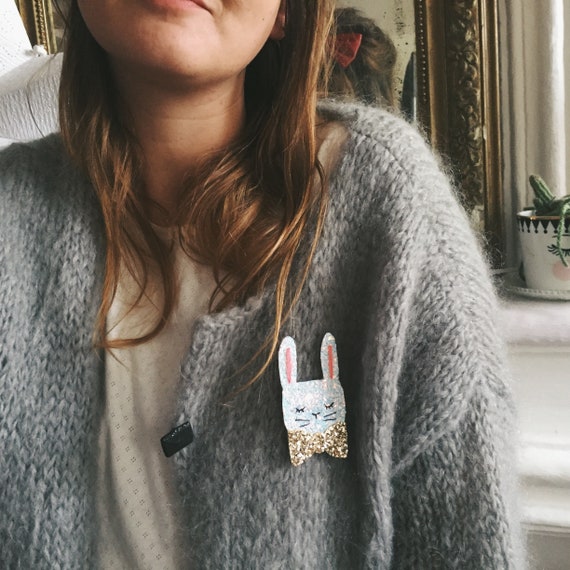 Glitter rabbit brooch handmade with love in La Rochelle