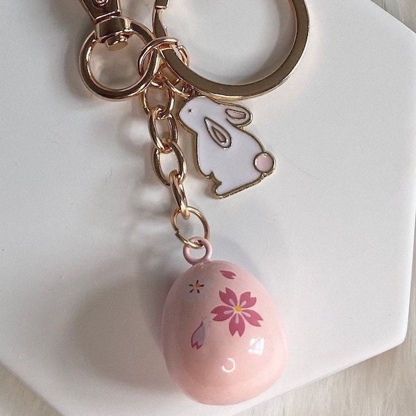 bunny sakura bell charm, rabbit bunny bag charm keychain keyring key fob, Japanese cherry blossom charm, water sound bell kawaii flower