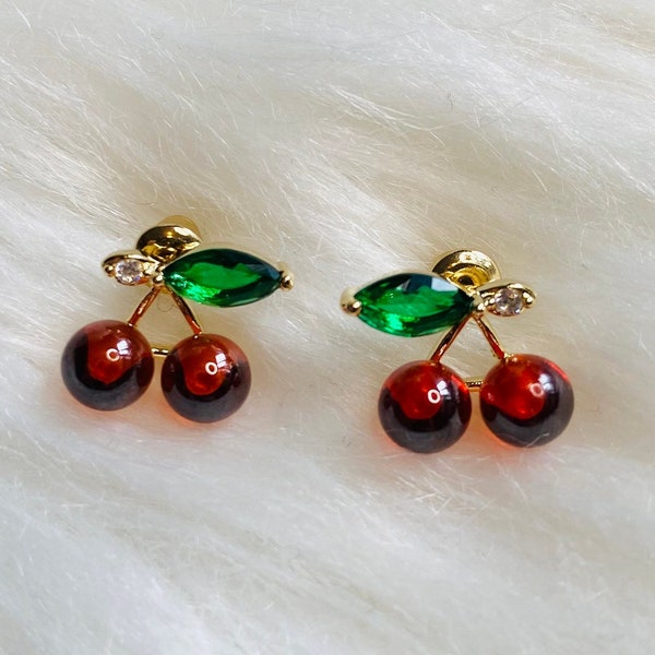 Sweet Red Enamel Girl Cherry Leaf Crystal Stud Earrings – Fashion Women's Jewelry