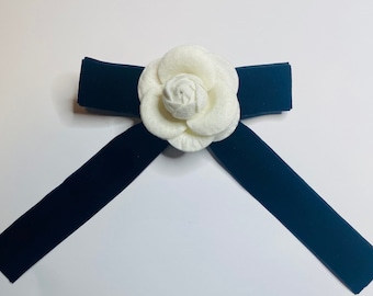 Black Velvet Bow with White Camellia Flower Hair Accessory Amazon.com : Myhiju Camellia Bow Hair Clip, White Flower  main image 3