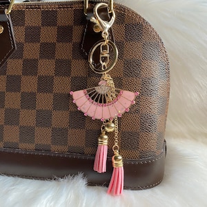 Japanese Koi Fan Tassel bag charm keychain key ring fob sakura pink zipper pull charm