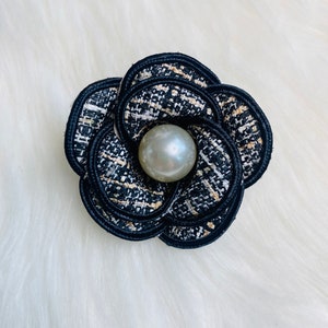 Tweed Camellia Flower Brooch Pin Scarf Clip faux pearl Black Handmade