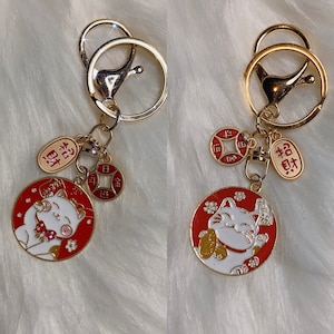 Lucky cat maneki neko waving fortune cat koi fish bag charm keychain keyring happy cat key fob money wealth anime Lot of 2