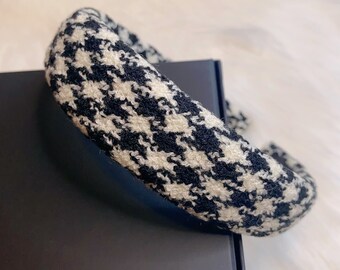 Women Tweed Headband Padded Check Black White Hair Wear New Handmade Gift