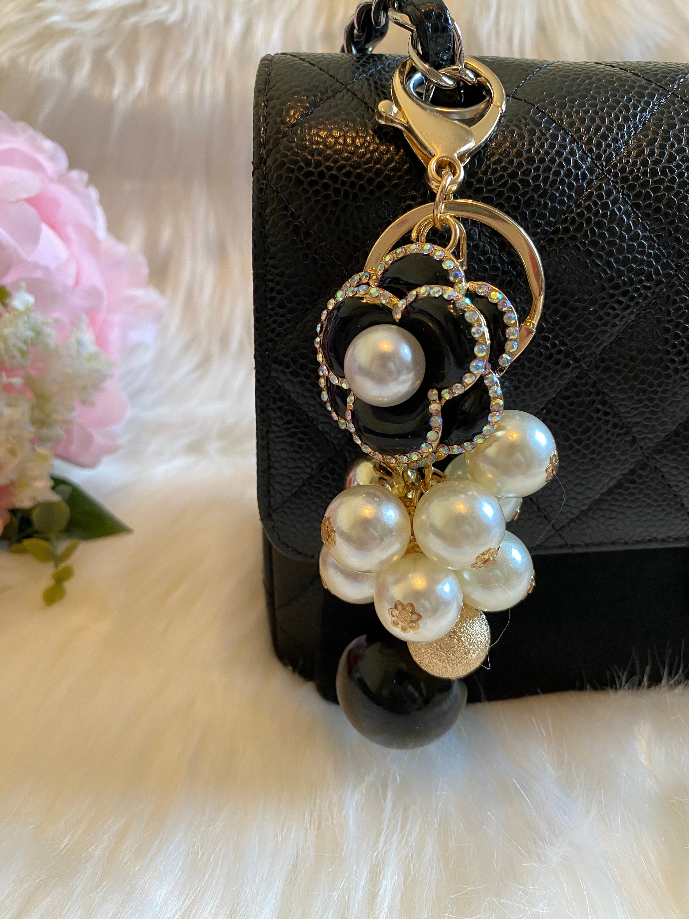 Chanel No 5 Style Camellia with Pearls Keychain/Bag Charm