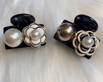 Camellia flower hair claws, Luxury Hair Claw, Pearl Hair Claw, Black White New Lot of 2