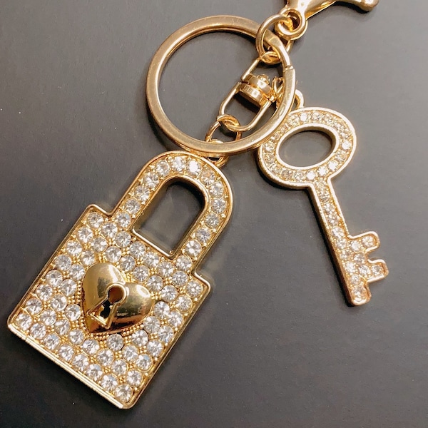 Padlock and key bag charm keychain car key fob bling Gold.Silver