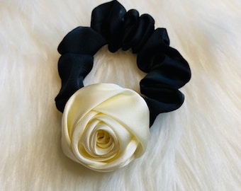 Satin Rose flower hair tie handmade Ivory White. Red. Black