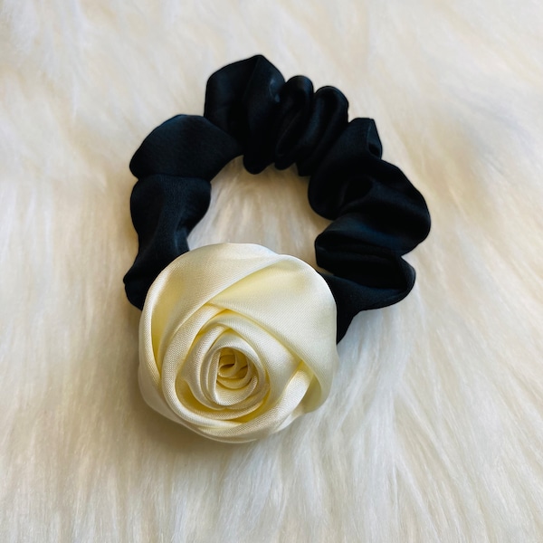 Satin Rose flower hair tie handmade Ivory White. Red. Black