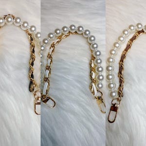 Pearl Leather Purse Chain Replacement Handle Chain, Metal shoulder Bag Chain With Leather Strap Black.White.Taupe