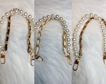 Pearl Leather Purse Chain Replacement Handle Chain, Metal shoulder Bag Chain With Leather Strap Black.White.Taupe