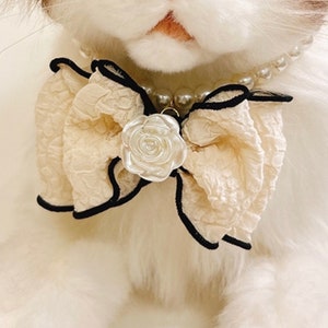 Handmade Pearl Cat Collar ivory bow camellia flower necklace - suitable for small dogs