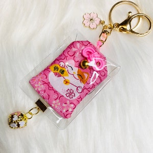 Japan Lucky Cat keychain Japanese Omamori bag charm Key Fob pink Sakura Cherry bell charm