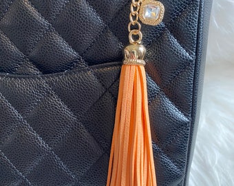 Orange leather tassel bag pendant bag charm keychain handmade