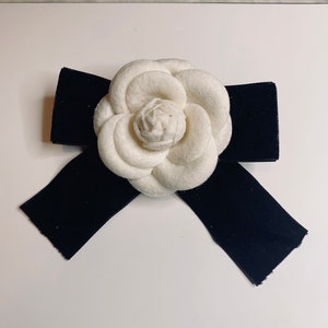 Camellia flower Brooch with black bow handmade gift ivory white