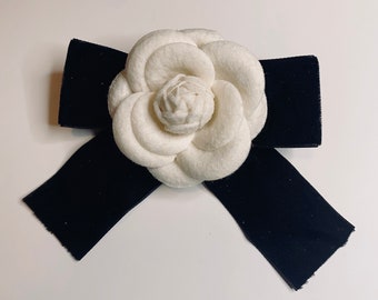 Camellia flower Brooch with black bow handmade gift ivory white