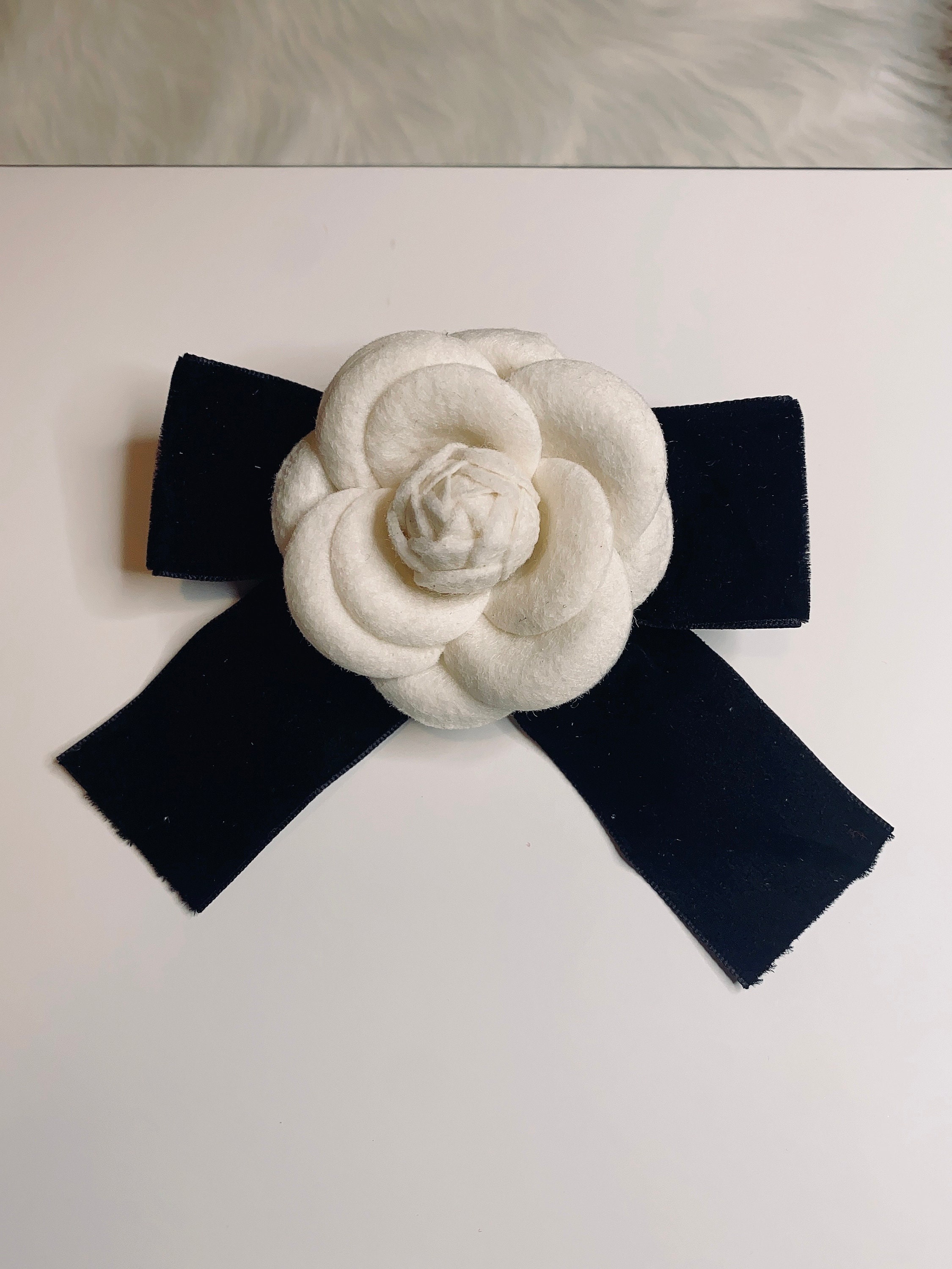 CHANEL white camelia and black ribbon Barrette - VALOIS VINTAGE PARIS