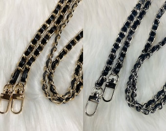 bag chain strap replacement crossbody handbag purse strap, classic gold silver chain with leather woven 48&quot; 120cm Black