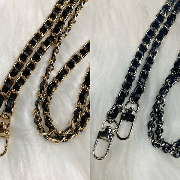 bag chain strap replacement crossbody handbag purse strap, classic gold silver chain with leather woven 48" 120cm Black