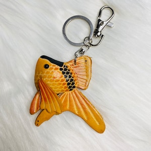 Leather gold fish keychain bag charm handmade