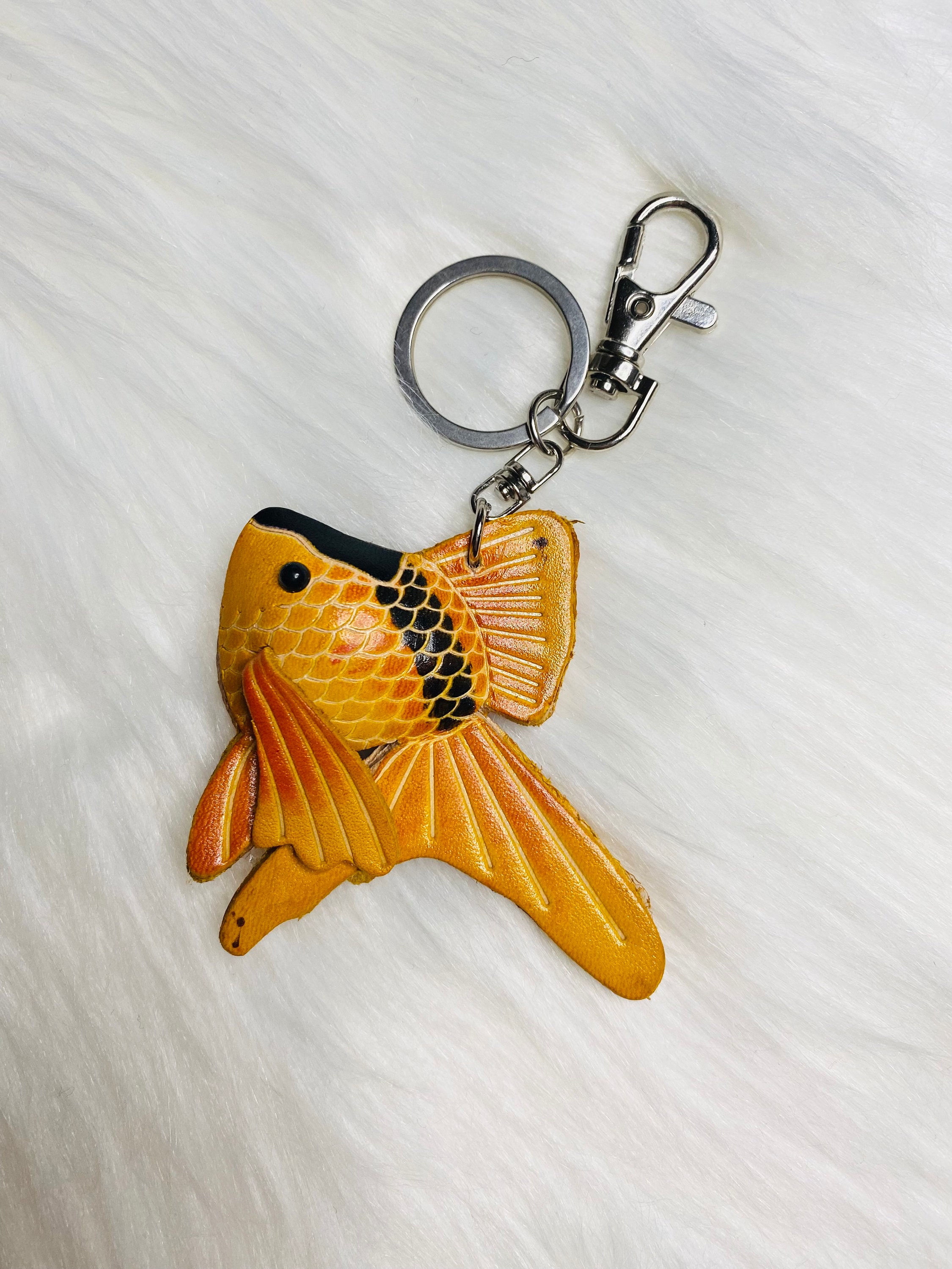 Leather gold fish keychain bag charm handmade