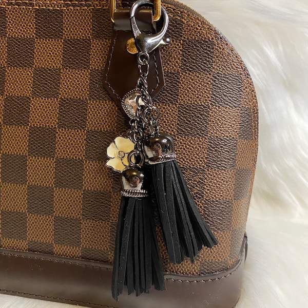 Black leather tassels bag charm keychain. twin tassels charm. black tassels flower charm. gunmetal hardware