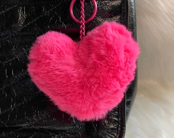 Fluffy heart Pom Pom bag charm keychain Key Ring Car Charm pink. black handmade new