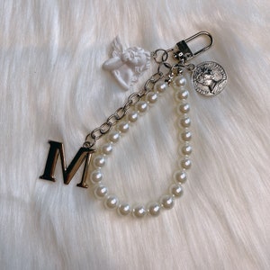 Personalized Letter Angel Charm bag charm keychain fob Silver White Handmade