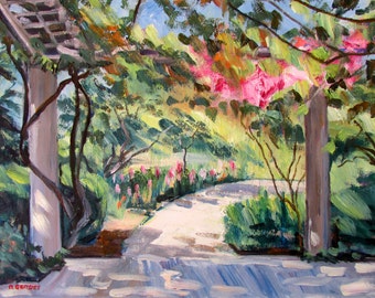May include: A painting of a garden path with a pergola covered in pink flowers. The path is lined with green bushes and trees. The painting is done in a loose, impressionistic style.