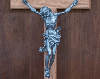 24"  Red Oak Wall Crucifix With Stainless Steel Colored Corpus - Baptism Gift - Catholic Gift - Wedding Gift - Wooden Crucifix