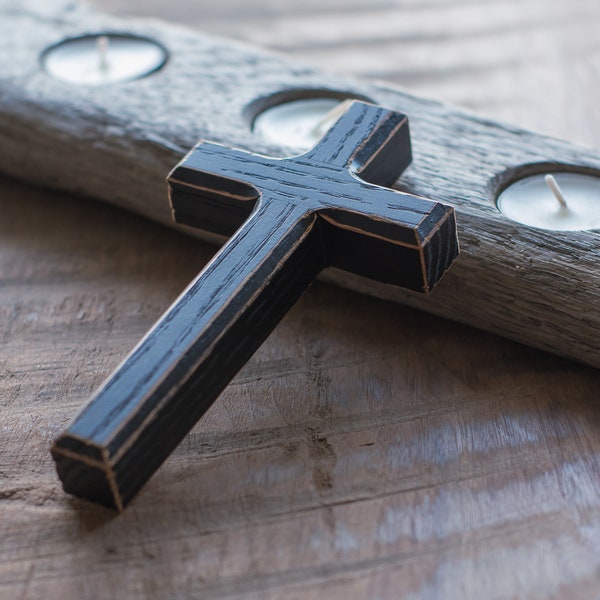 6” Distressed Black Cross - Farmhouse Cross - Wood Cross - Palm Cross - Prayer Cross  - Christian Gift - Husband Gift - Baptism Cross