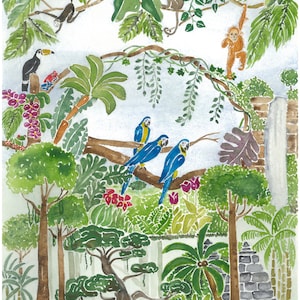 May include: A watercolour painting depicting a vibrant jungle scene, featuring lush green foliage, a stone wall, and a variety of animals. Three blue and yellow macaws are perched on a branch, while a toucan sits on a tree trunk. A monkey hangs from a vine, and another monkey sits on a branch. The painting is full of life and colour, capturing the beauty of the rainforest.