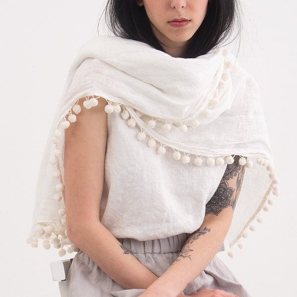 Linen Scarf. Natural soft washed linen scarf. Linen Woman Scarf with Pom-Pom trim. Christmas Gift