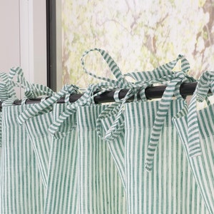 Tie top semi sheer cafe linen curtains, short window country style drapery, washed natural striped kitchen curtains light filtering 06/03