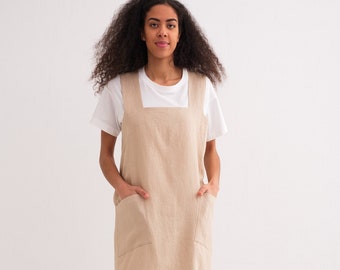 Cross back Natural linen apron, soft linen japanese apron, gardening apron with pocket, for barbers or bakers, womens cooking craft