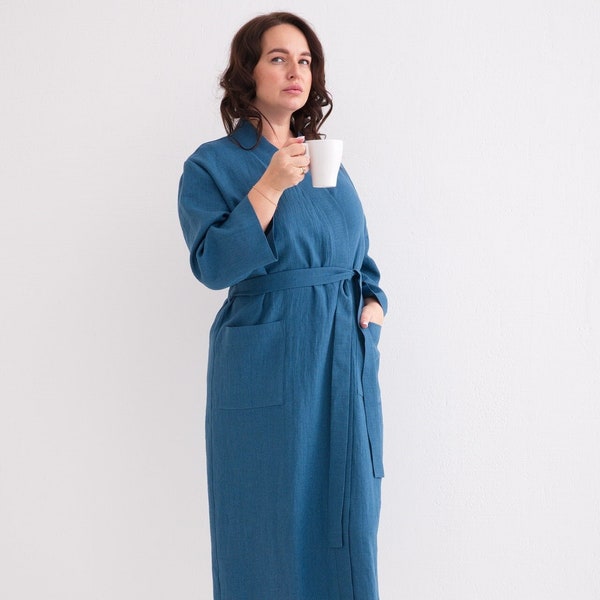 Linen Robe, Linen Bath Robe, Soft Linen Lounge Wear, Linen Kimono Robe