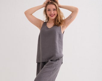 Soft Linen Pajamas, Linen Pajamas set - Tank Top and Pants, Linen Nightwear