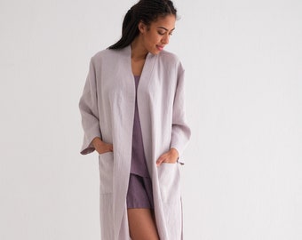 Peignoir en lin, peignoir en lin, vêtements de détente en lin doux, peignoir kimono en lin