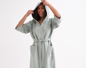 Linen Robe, Linen Bath Robe, Soft Linen Lounge Wear, Linen Kimono Robe, Hooded Linen Robe