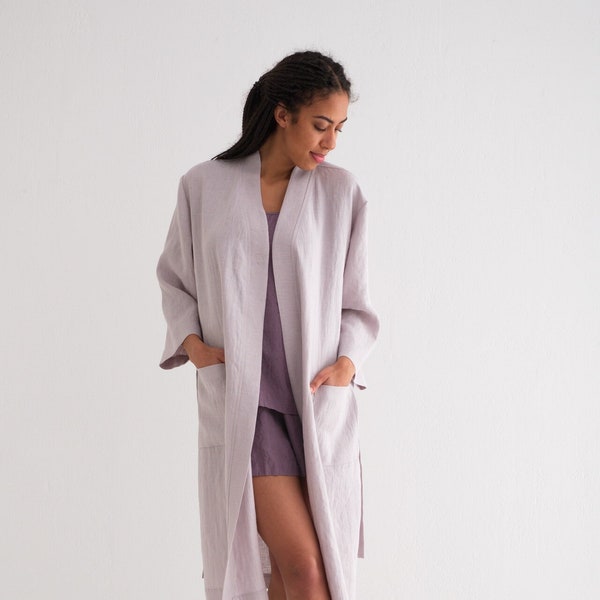 Linen Robe, Linen Bath Robe, Soft Linen Lounge Wear, Linen Kimono Robe