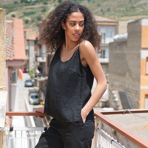 Top de lino, camiseta sin mangas de verano de tejido de lino natural, camiseta de tirantes de lino para mujer