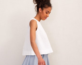 Loose fit A-line sleeveless top, ladies linen tank top, simple womens casual summer top, non-strech relax fit