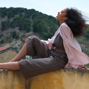 Linen culottes, Washed linen wide leg pants, Casual linen pants, Natural linen trousers women