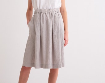 Linen Skirt, Linen Skirt with Pockets, Pleated Elastic Waist Linen Skirt